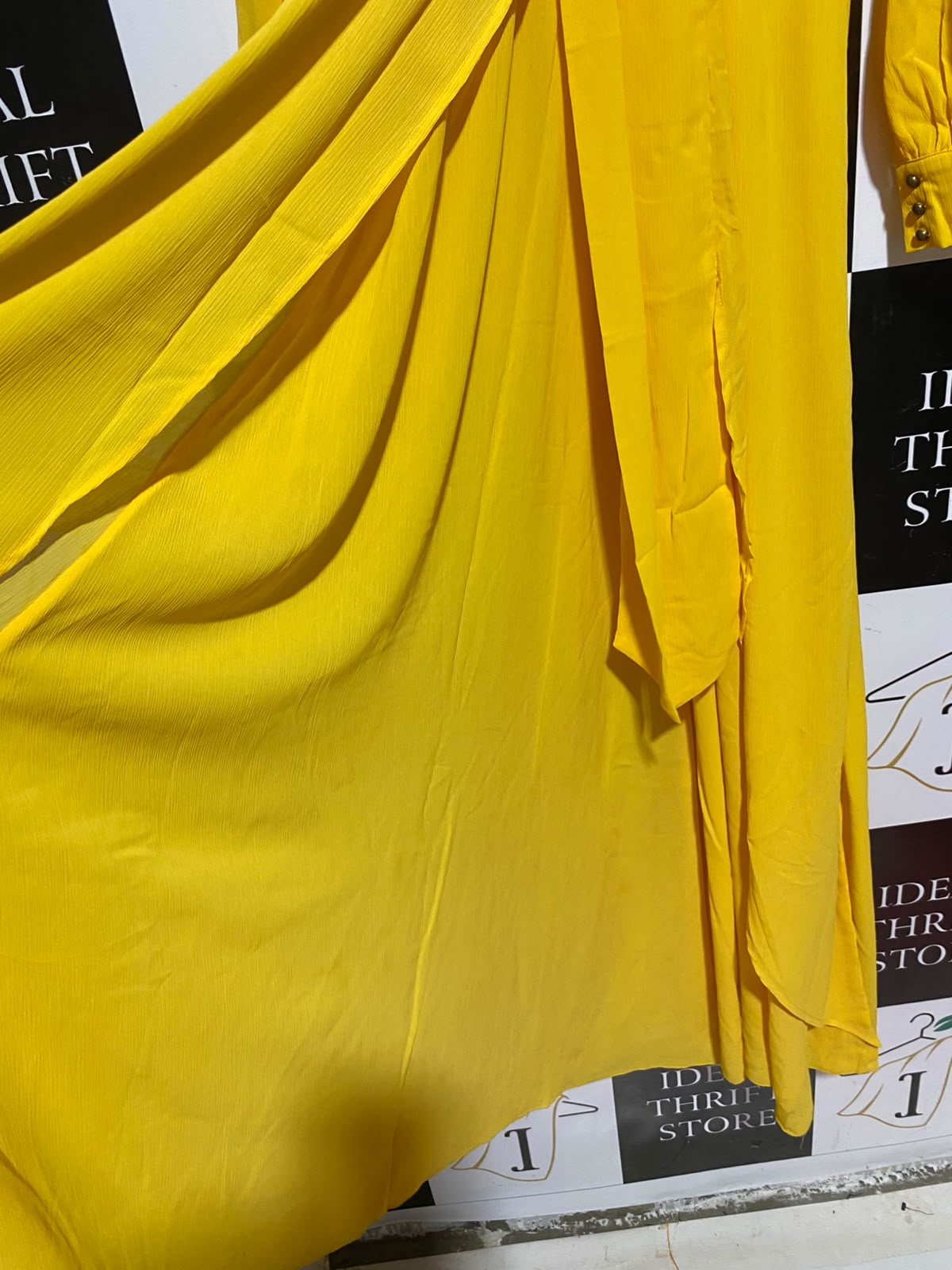 |M| BUST 17| A8| BRIGHT YELLOW FRONT-TIE LONG SLEEVE MAXI DRESS
