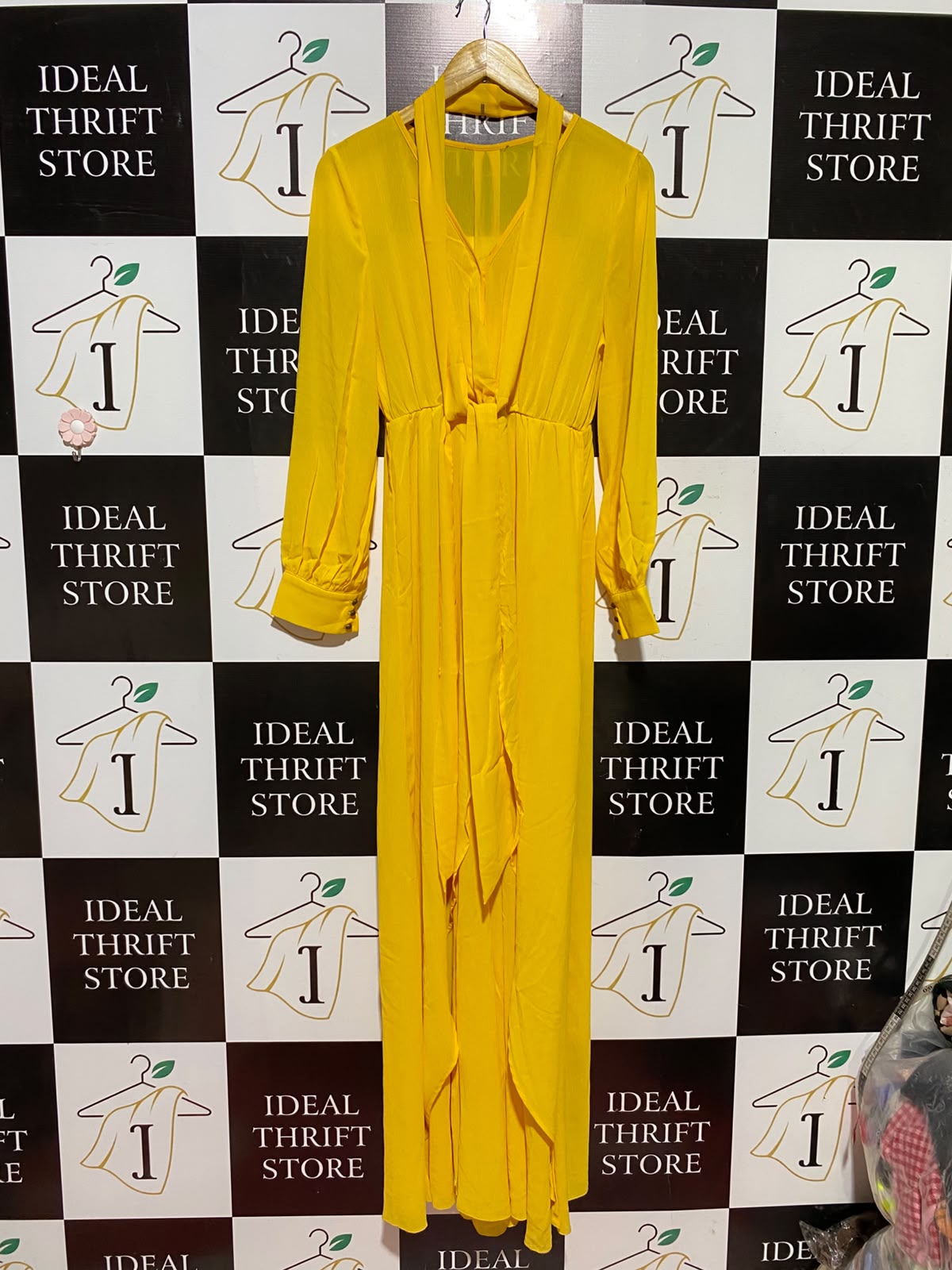 |M| BUST 17| A8| BRIGHT YELLOW FRONT-TIE LONG SLEEVE MAXI DRESS
