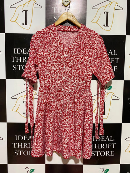 |S| BUST 16| A8| RED AND WHITE FLORAL PRINT SLEEVE-TIE MINI DRESS