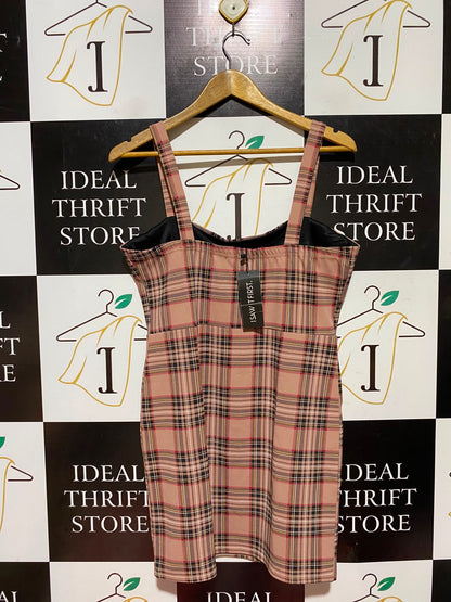 SAW IT FIRST |M| BUST 18| A8| DUSTY PINK PLAID STRAPLESS-LOOK CAMI MINI DRESS
