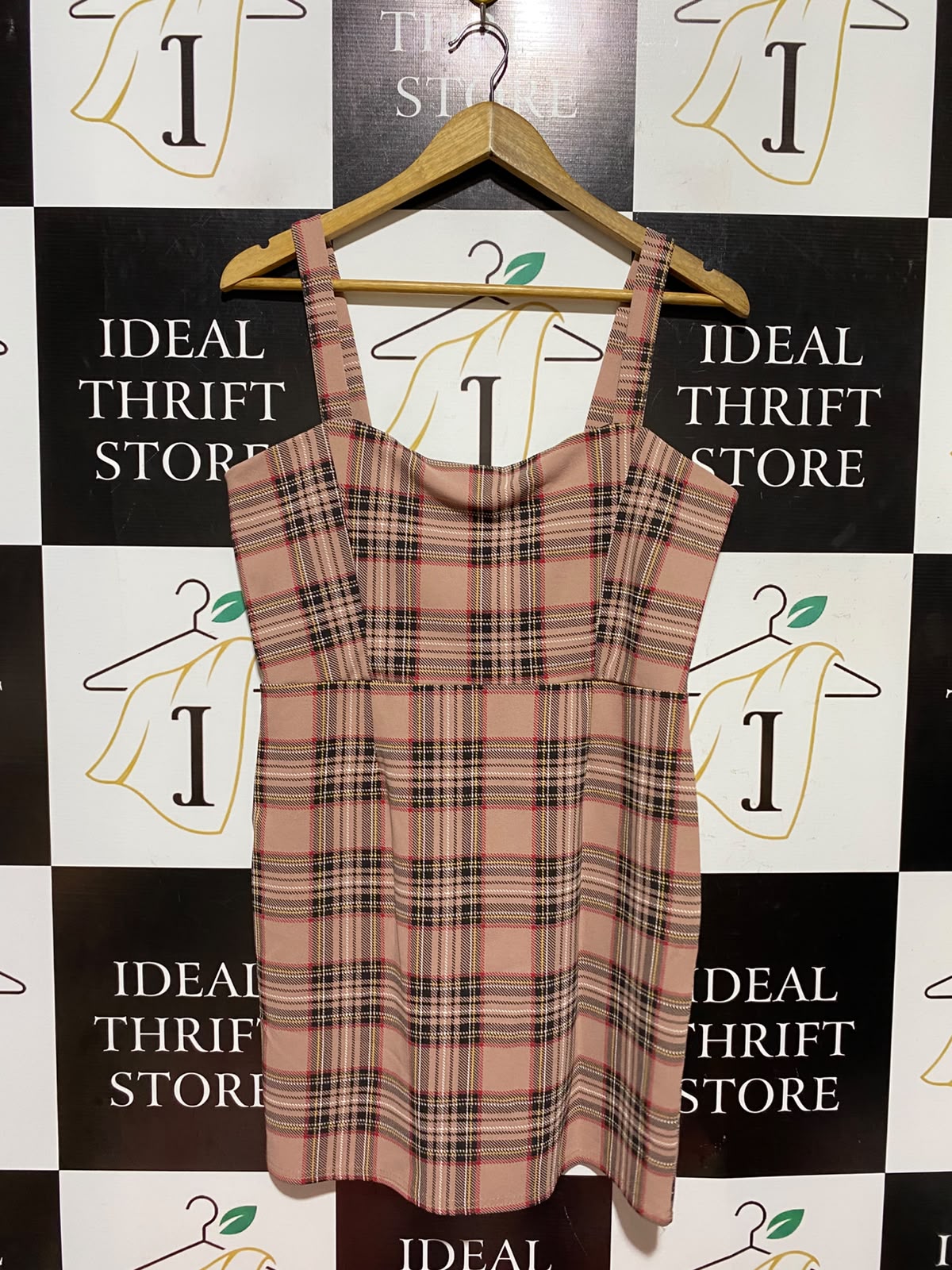 SAW IT FIRST |M| BUST 18| A8| DUSTY PINK PLAID STRAPLESS-LOOK CAMI MINI DRESS