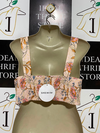SHEIN VCAY |M| BUST 17| A8| BLUSH PINK FLORAL FRONT-TIE CAMI CROP TOP
