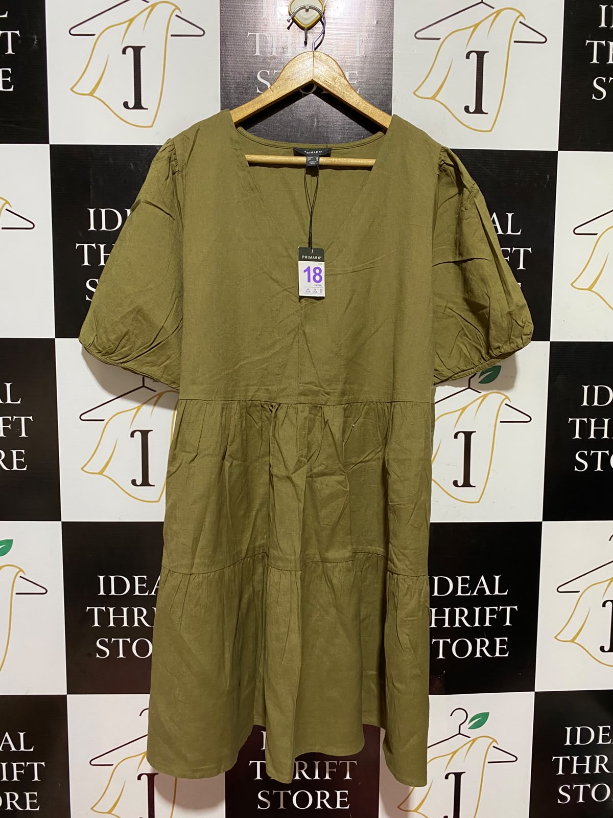 PRIMARK |XL| BUST 22| A8| OLIVE GREEN SHORT PUFF SLEEVE TIERED MIDI DRESS