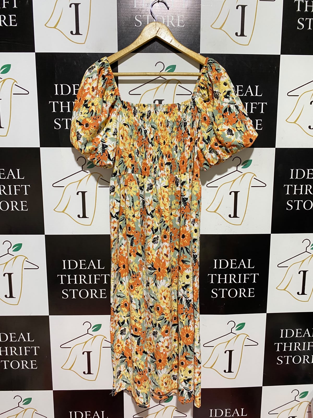 F&F |M| BUST 16| A8| ORANGE AND YELLOW FLORAL PUFF SLEEVE MAXI DRESS