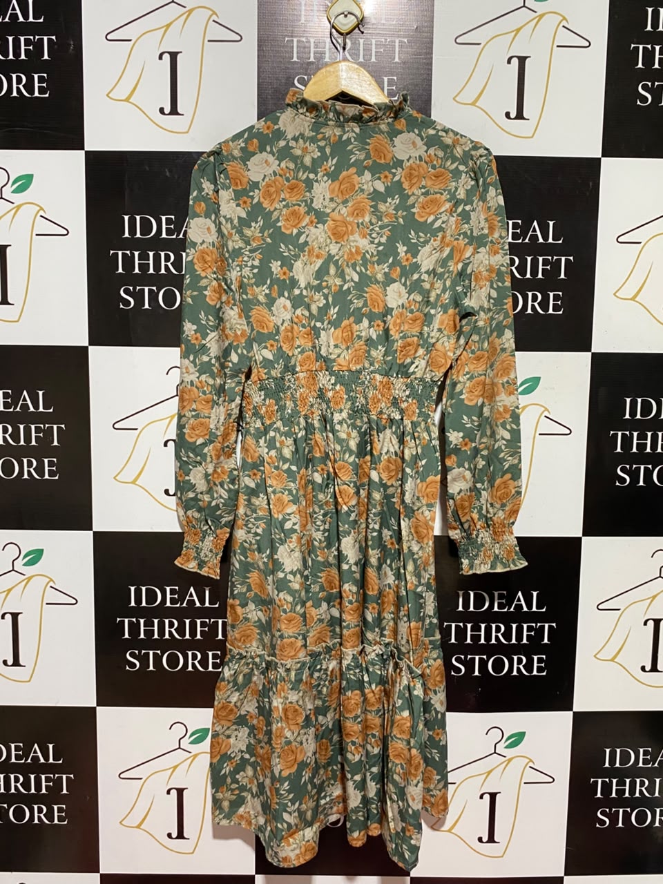 SHEIN |L| BUST 18| A8| SAGE GREEN & ORANGE FLORAL RUFFLE-COLLAR MIDI DRESS
