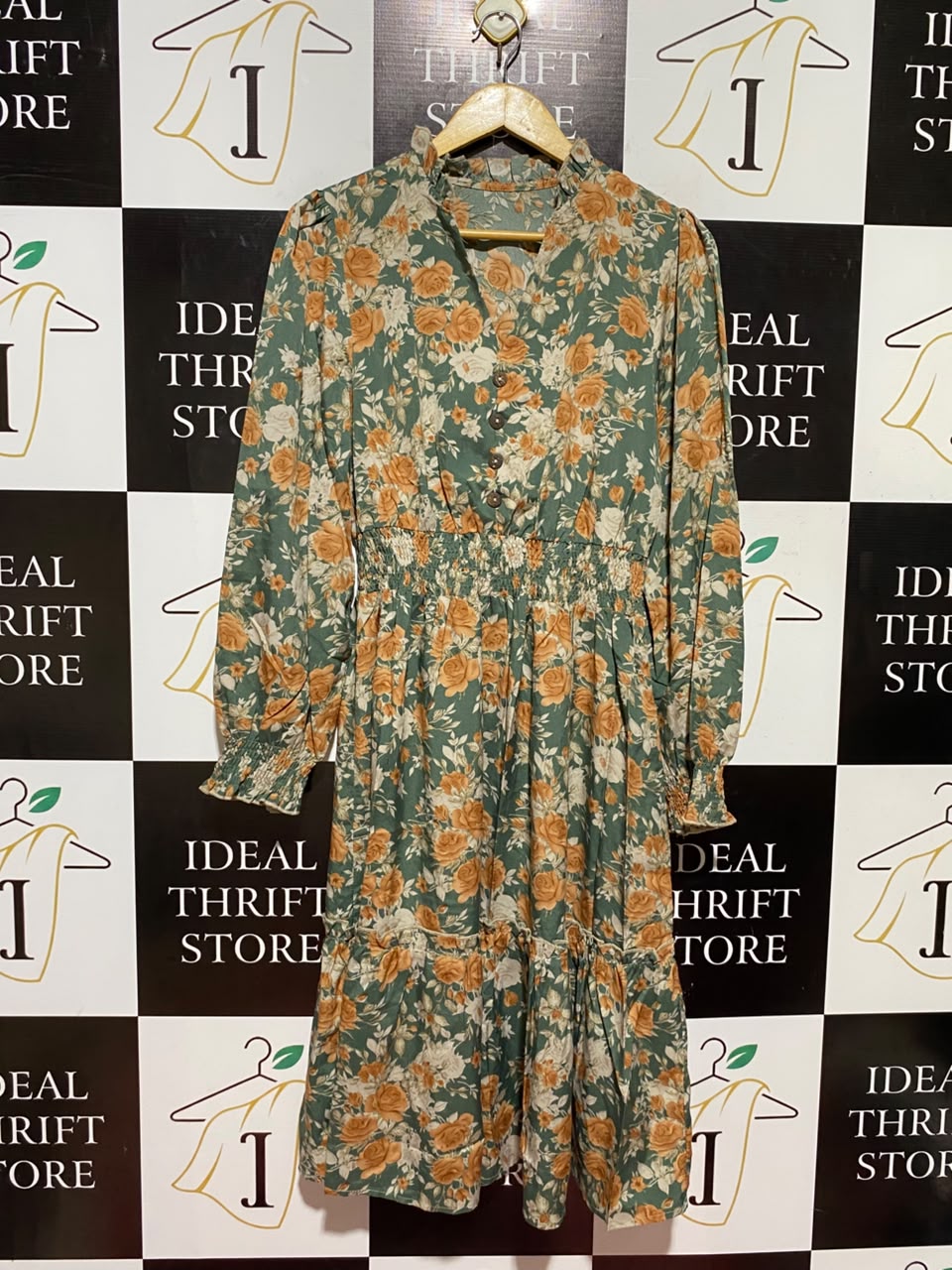 SHEIN |L| BUST 18| A8| SAGE GREEN & ORANGE FLORAL RUFFLE-COLLAR MIDI DRESS