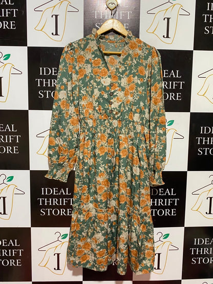 SHEIN |L| BUST 18| A8| SAGE GREEN & ORANGE FLORAL RUFFLE-COLLAR MIDI DRESS