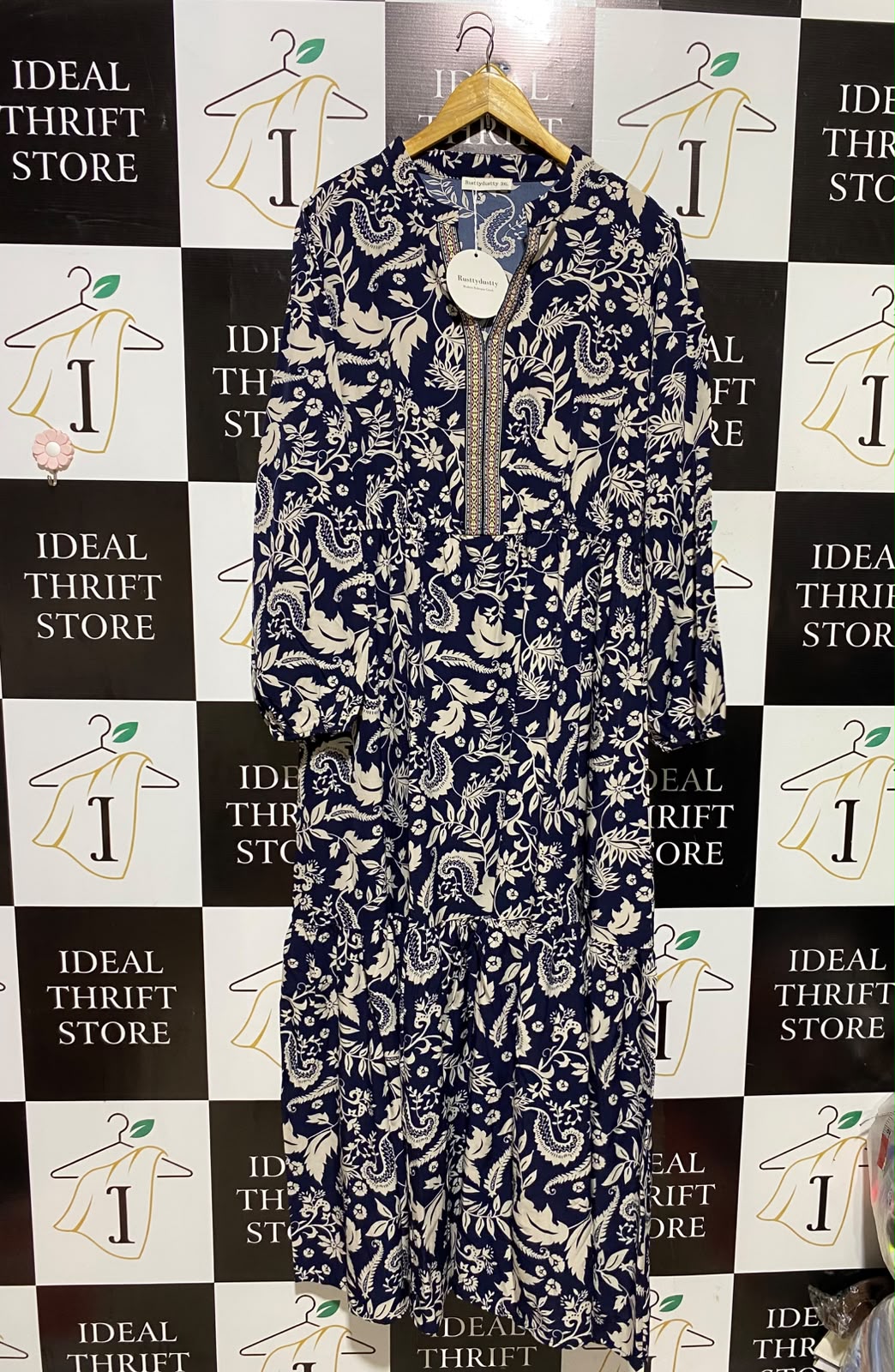 RUSTTY DUSTTY |XL| BUST 23| A8| NAVY BLUE & CREAM PAISLEY PRINT TIERED MAXI DRESS