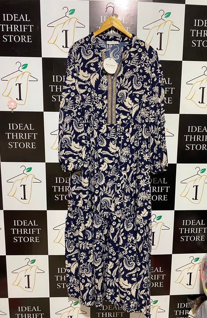 RUSTTY DUSTTY |XL| BUST 23| A8| NAVY BLUE & CREAM PAISLEY PRINT TIERED MAXI DRESS
