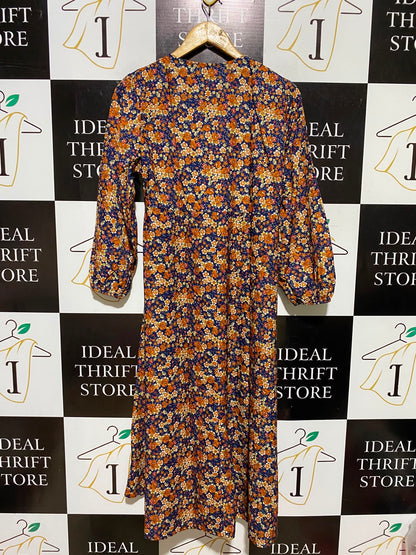 |L| BUST 19| A8| NAVY & ORANGE FLORAL PRINT LONG SLEEVE MAXI DRESS