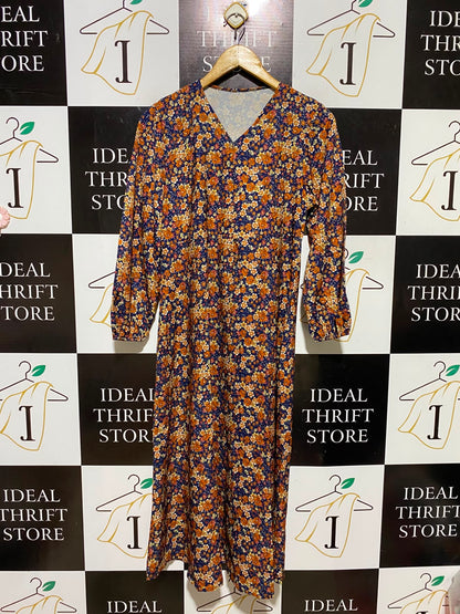 |L| BUST 19| A8| NAVY & ORANGE FLORAL PRINT LONG SLEEVE MAXI DRESS