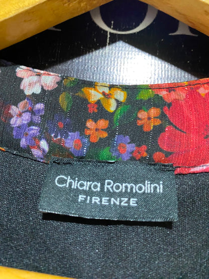 CHIARA ROMOLINI |L| BUST 21| A8| BLACK MULTICOLOR FLORAL TIE-NECK TIERED MINI DRESS