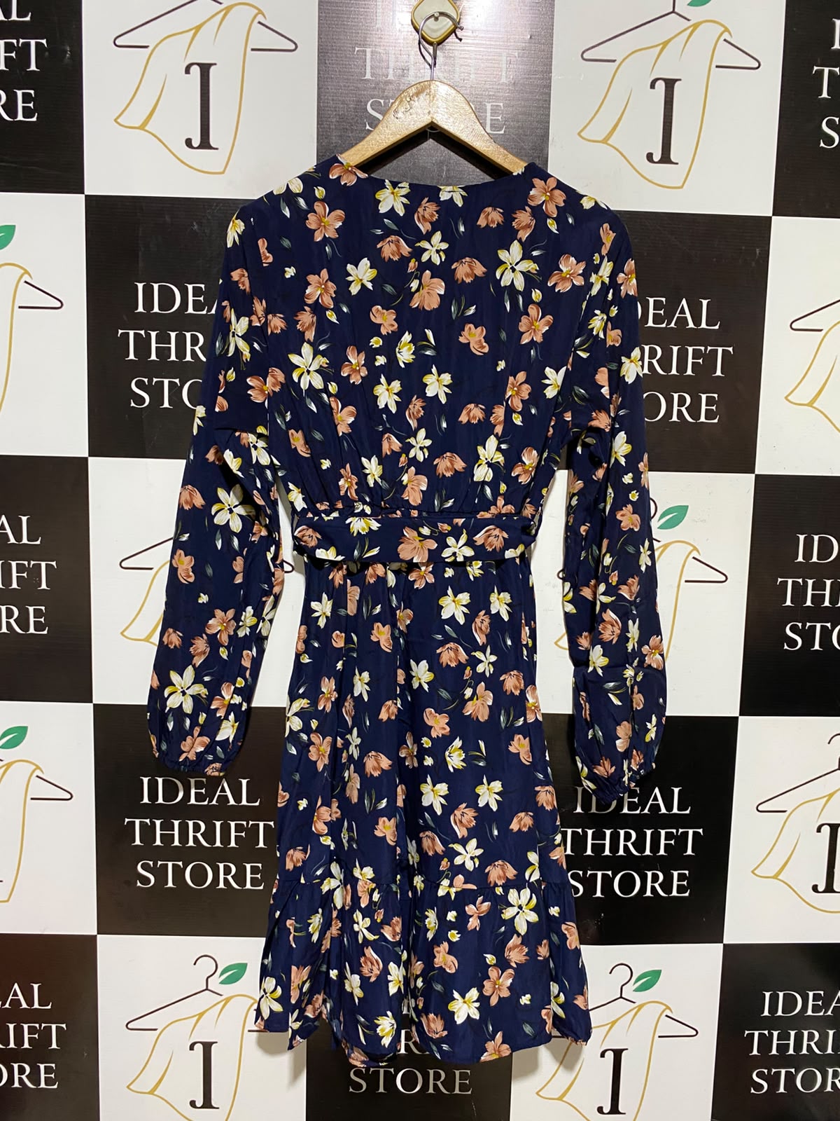 SHEIN |L| BUST 18| A8| NAVY BLUE FLORAL SURPLICE WAIST-TIE MINI DRESS