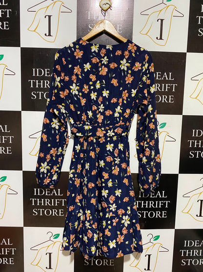 SHEIN |L| BUST 18| A8| NAVY BLUE FLORAL SURPLICE WAIST-TIE MINI DRESS