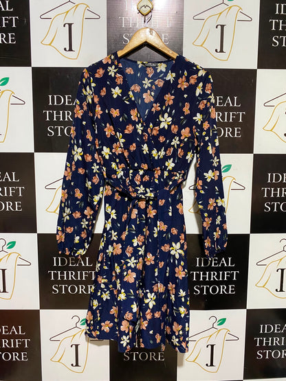 SHEIN |L| BUST 18| A8| NAVY BLUE FLORAL SURPLICE WAIST-TIE MINI DRESS