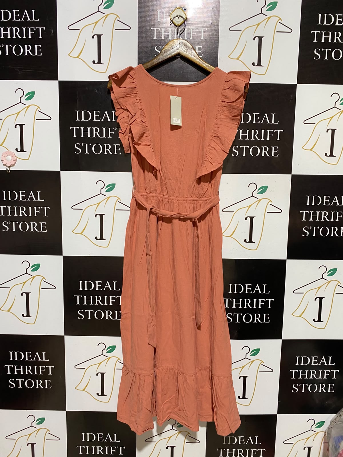 F&F |S| BUST 15| A8| TERRACOTTA CORAL RUFFLE-SLEEVE TIERED MAXI DRESS