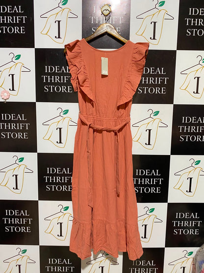 F&F |S| BUST 15| A8| TERRACOTTA CORAL RUFFLE-SLEEVE TIERED MAXI DRESS
