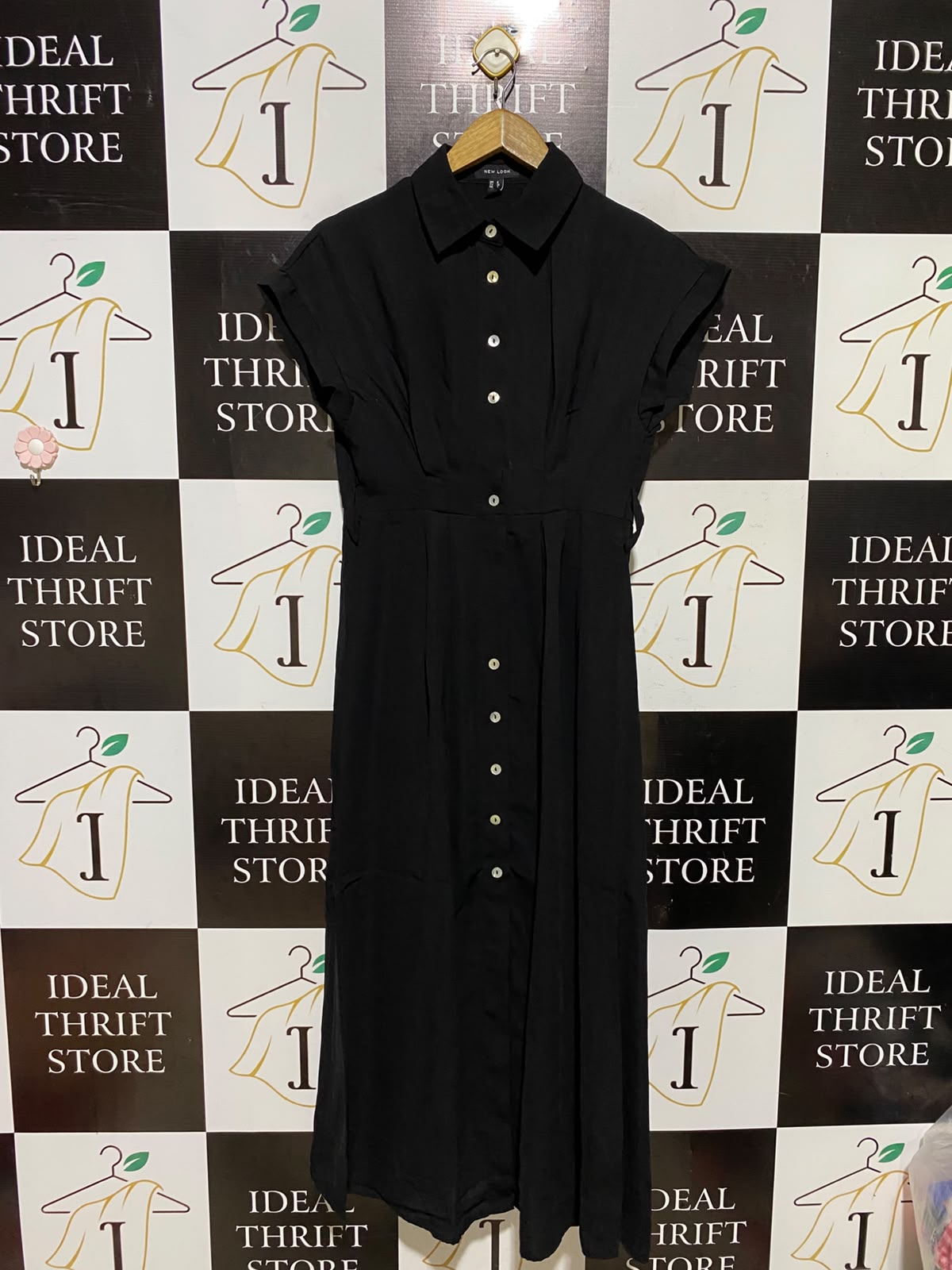 NEW LOOK |S| BUST 17| A8| BLACK SHORT SLEEVE BUTTON-FRONT SHIRT DRESS
