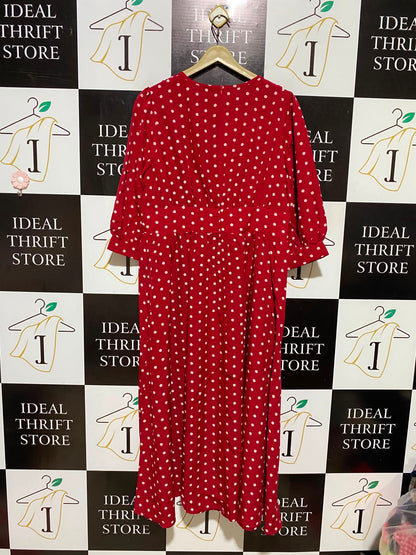 SHEIN |XL| BUST 19| A8| WOMEN'S RED & WHITE POLKA DOT V-NECK MIDI DRESS