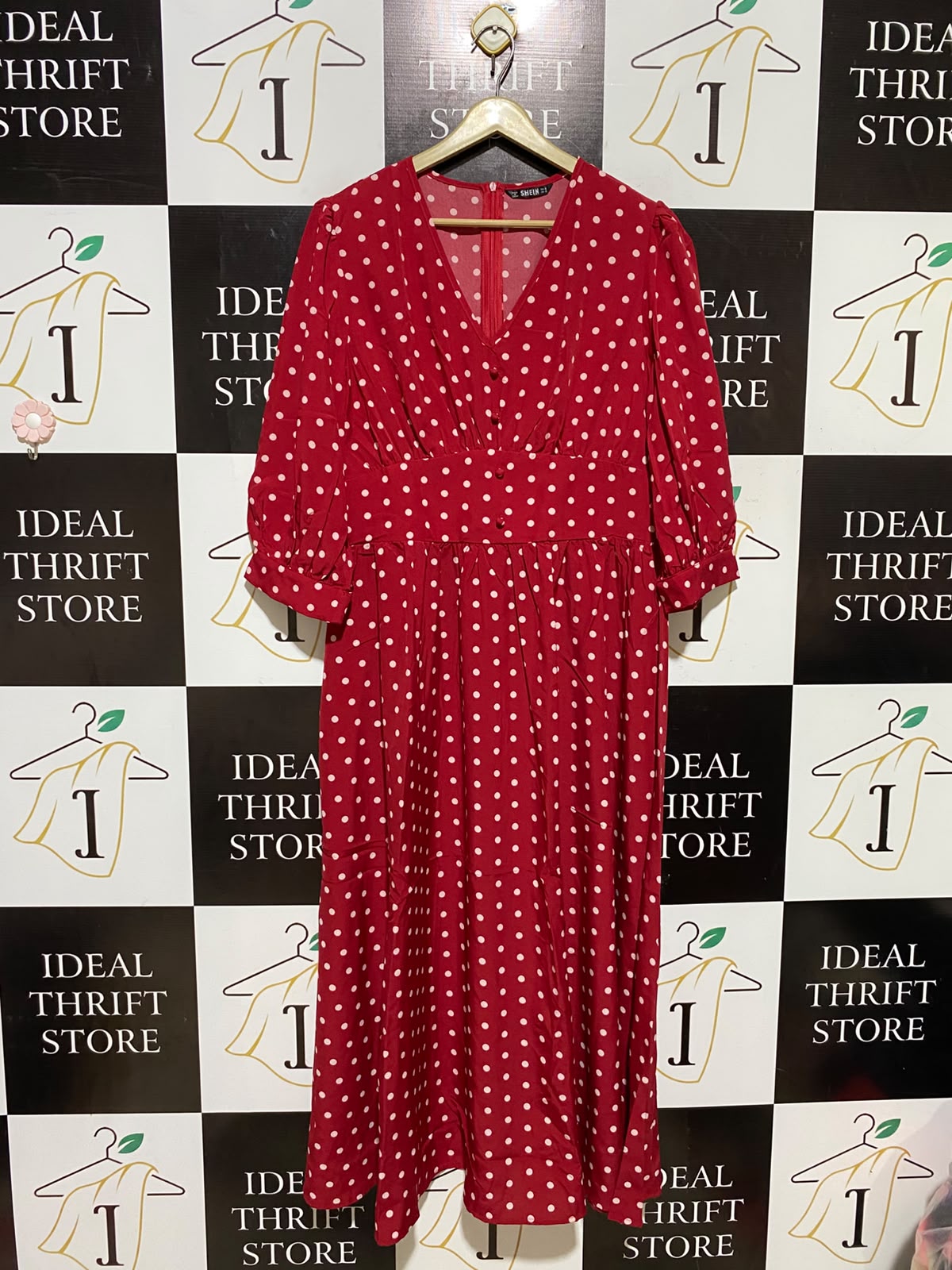 SHEIN |XL| BUST 19| A8| WOMEN'S RED & WHITE POLKA DOT V-NECK MIDI DRESS