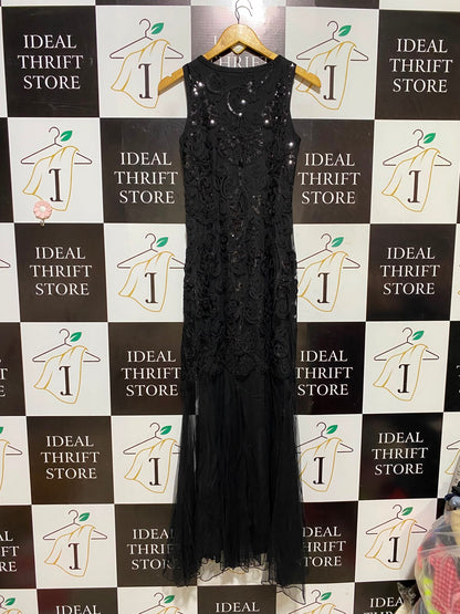 IZABEL |S| BUST 15| A8| WOMEN'S BLACK SEQUINED EMBROIDERED LACE MAXI DRESS