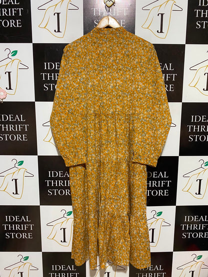 PIECES |M| BUST FREE| A8| WOMEN'S MUSTARD YELLOW DITSY FLORAL TIE-NECK TIERED MAXI DRESS
