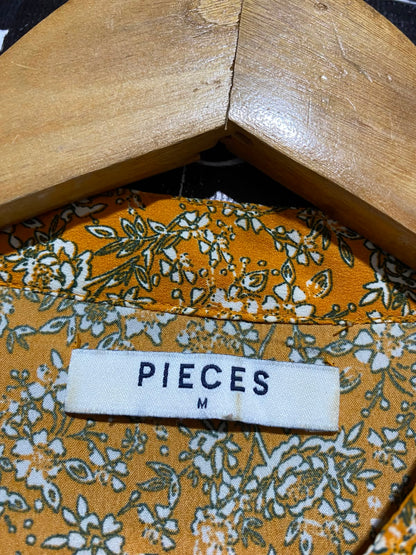 PIECES |M| BUST FREE| A8| WOMEN'S MUSTARD YELLOW DITSY FLORAL TIE-NECK TIERED MAXI DRESS