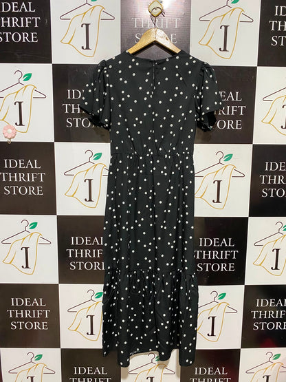 NEW LOOK |S| BUST 17| A8| WOMEN'S BLACK & WHITE POLKA DOT PUFF SLEEVE MIDI DRESS