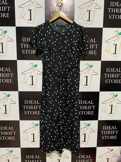NEW LOOK |S| BUST 17| A8| WOMEN'S BLACK & WHITE POLKA DOT PUFF SLEEVE MIDI DRESS
