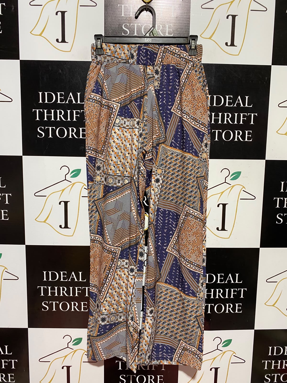 |S| WAIST 26| A7| MULTICOLOR GEOMETRIC PATCHWORK PRINT WIDE-LEG TROUSERS