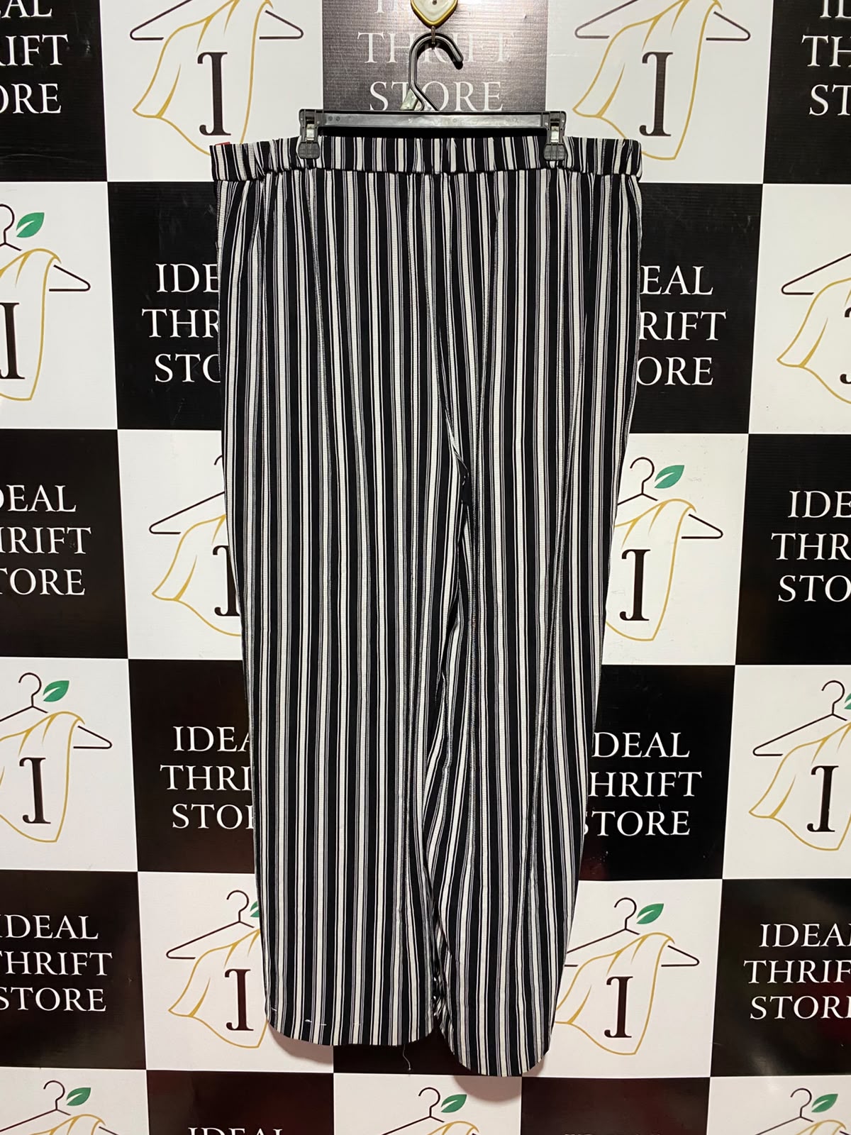 WIDE LEG |XXL| WAIST 38| A7| WOMEN'S BLACK & WHITE VERTICAL STRIPED WIDE-LEG TROUSERS