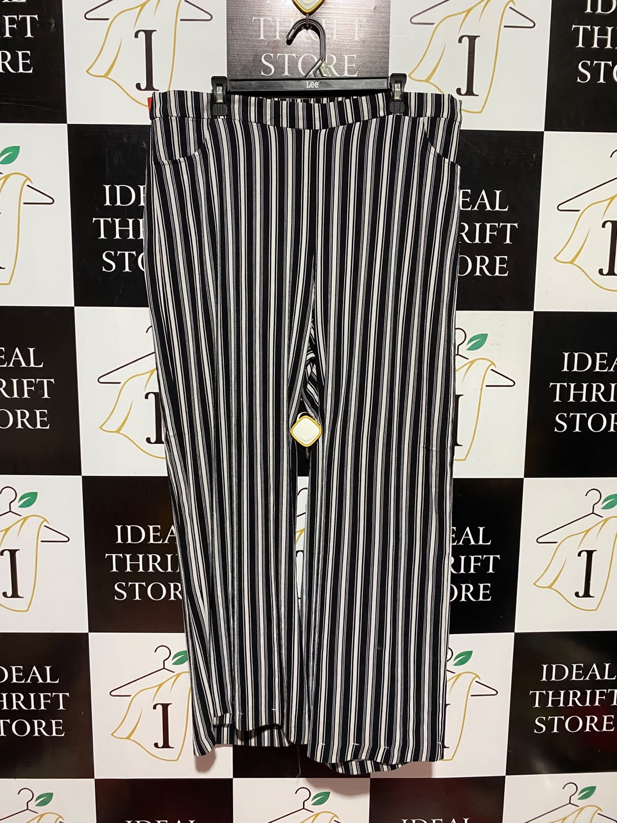 WIDE LEG |XXL| WAIST 38| A7| WOMEN'S BLACK & WHITE VERTICAL STRIPED WIDE-LEG TROUSERS