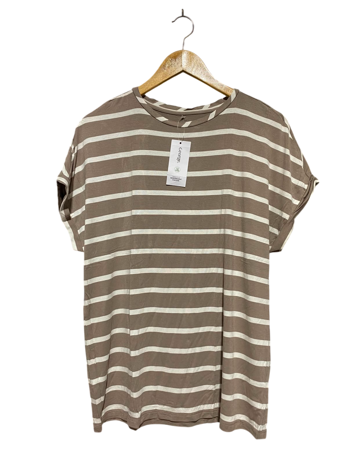 GEORGE |M| BUST 19| A8| STRIPED CULL CUFF SHORT-SLEEVE T-SHIRT - TAUPE BROWN & IVORY
