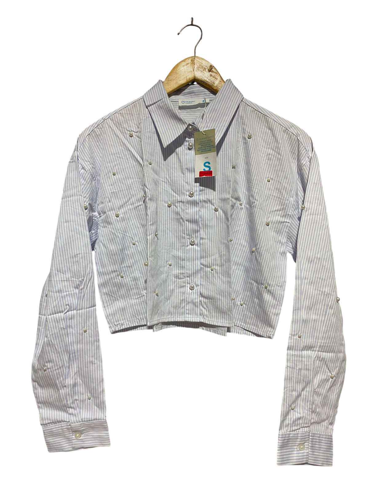 PRIMARK CARES |S| BUST 20| A8| PEARL-EMBELLISHED STRIPED CROPPED BUTTON-DOWN SHIRT - LIGHT BLUE & WHITE