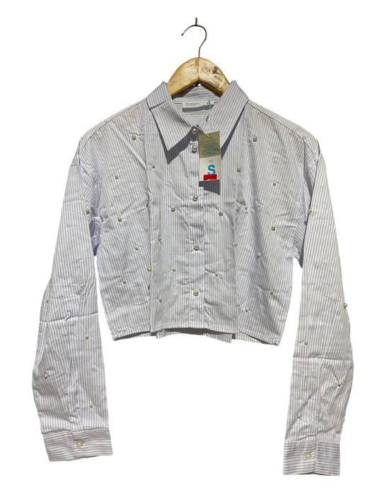 PRIMARK CARES |S| BUST 20| A8| PEARL-EMBELLISHED STRIPED CROPPED BUTTON-DOWN SHIRT - LIGHT BLUE & WHITE