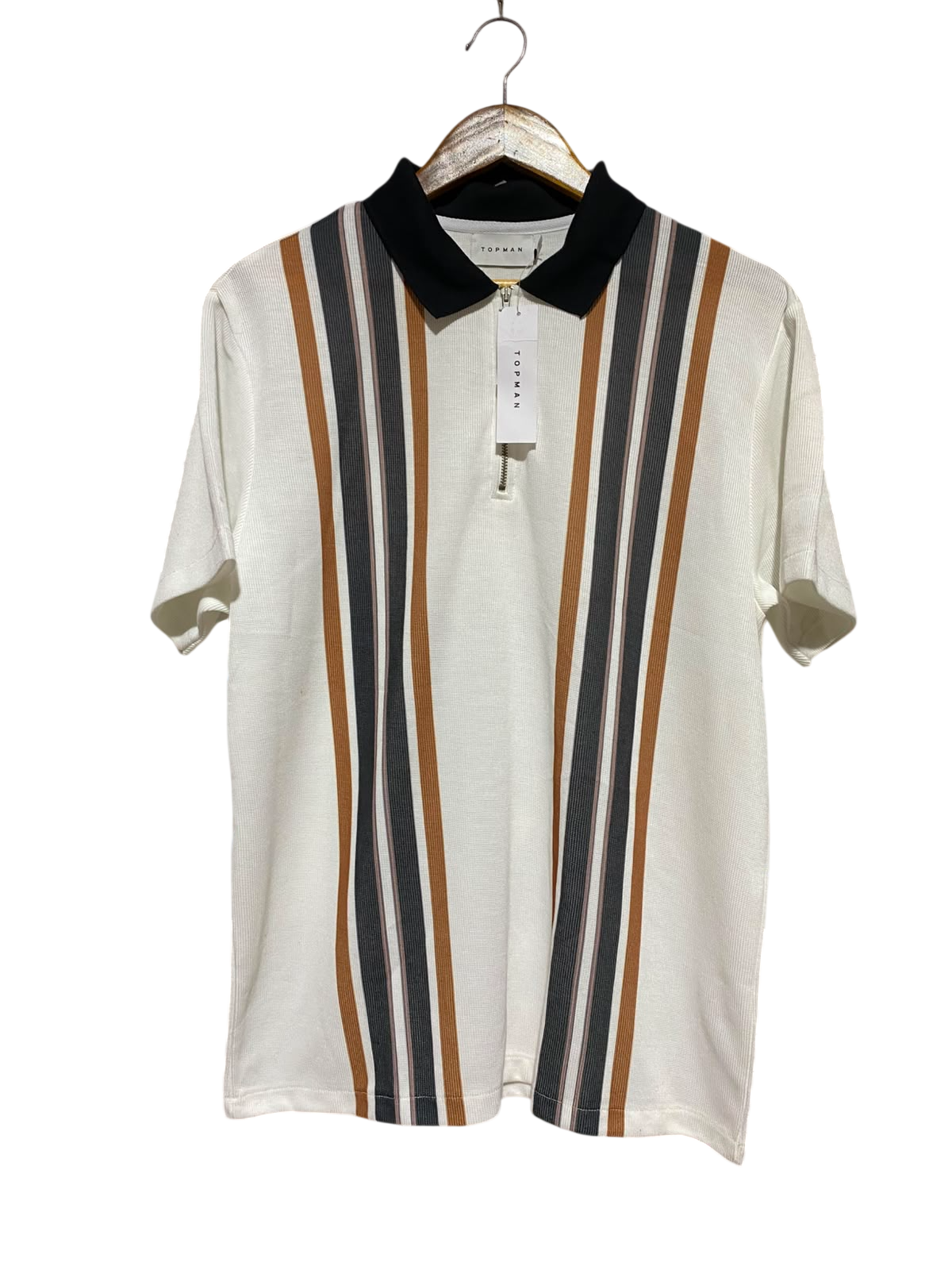 TOPMAN |L| BUST 22| A8| STRIPED KNIT ZIP POLO SHIRT - WHITE MULTI