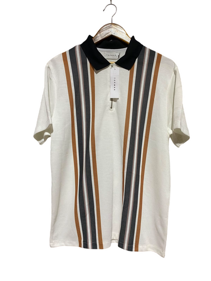TOPMAN |L| BUST 22| A8| STRIPED KNIT ZIP POLO SHIRT - WHITE MULTI