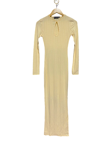 PRETTYLITTLE THING |S| BUST 14| A8| LONG-SLEEVE RIBBED KEYHOLE MAXI DRESS - BUTTER YELLOW / CREAM