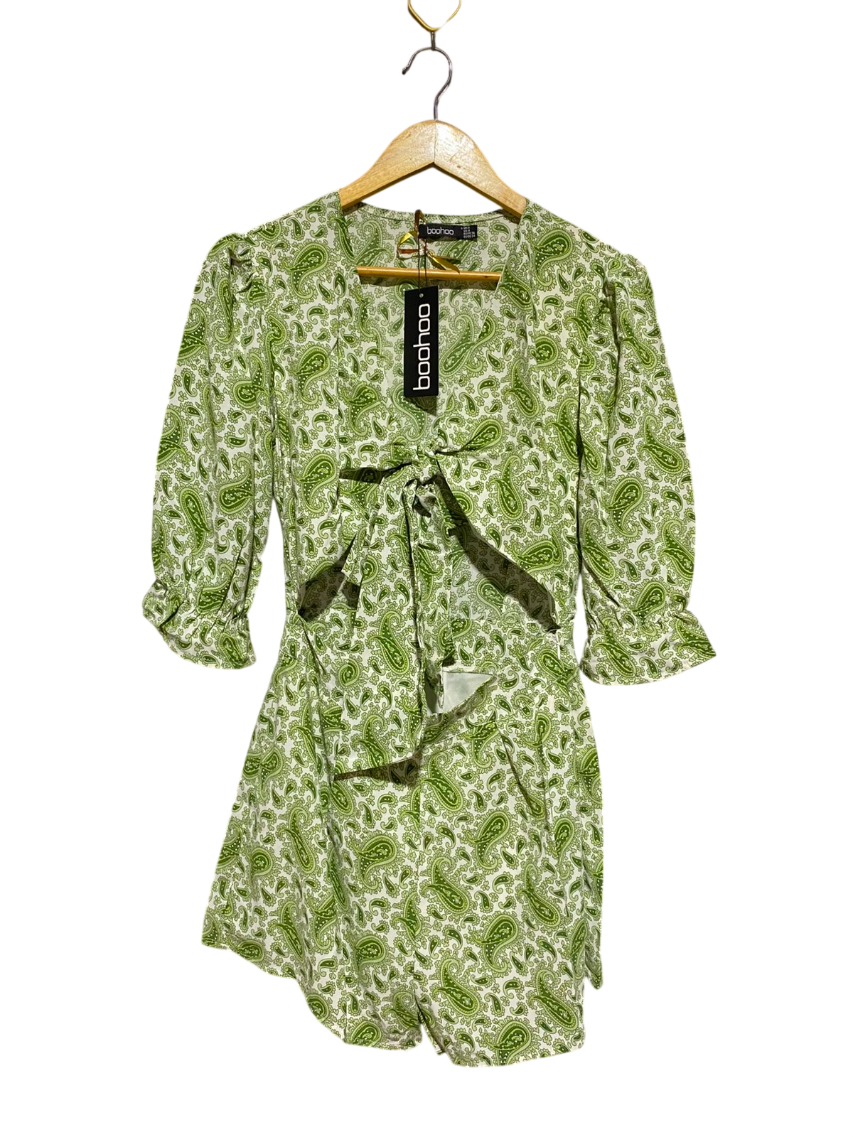 BOOHOO |S| BUST 16| A9| PAISLEY PRINT FRONT-TIE CUTOUT ROMPER - OLIVE GREEN & IVORY