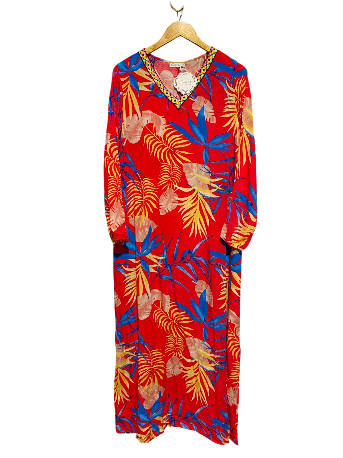 COMENG |M/L| BUST 21| A9| TROPICAL PALM LEAF PRINT V-NECK KAFTAN MAXI DRESS - BRIGHT RED MULTI