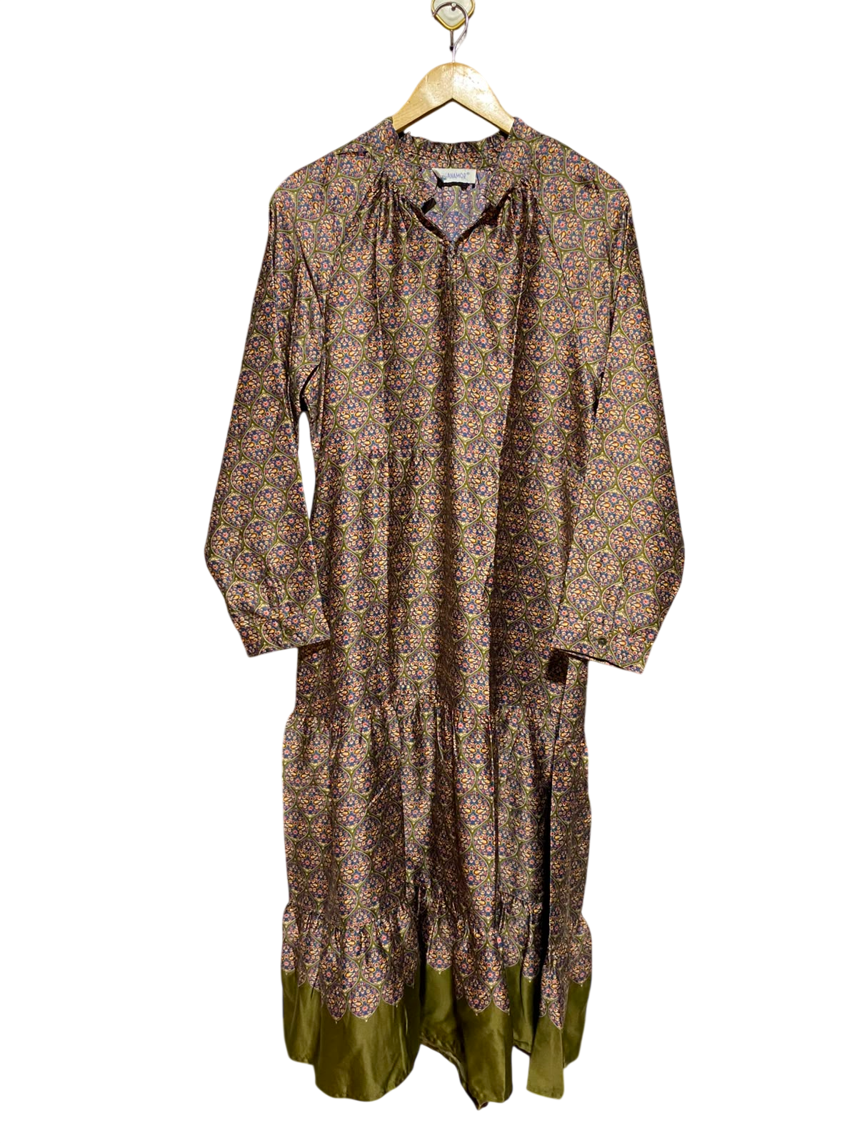 ANAMOR |L| BUST 19| A9| VINTAGE MOSAIC PRINT TIERED SATIN MAXI DRESS - OLIVE GREEN & GOLD