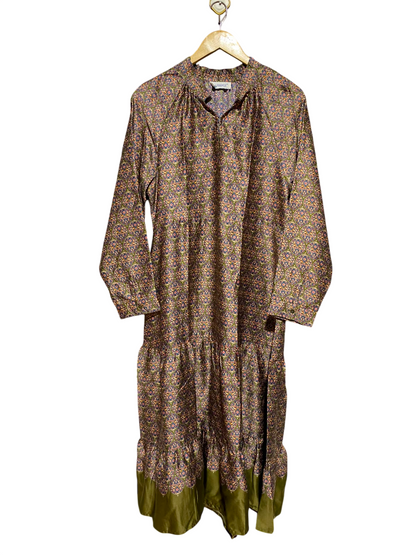 ANAMOR |L| BUST 19| A9| VINTAGE MOSAIC PRINT TIERED SATIN MAXI DRESS - OLIVE GREEN & GOLD