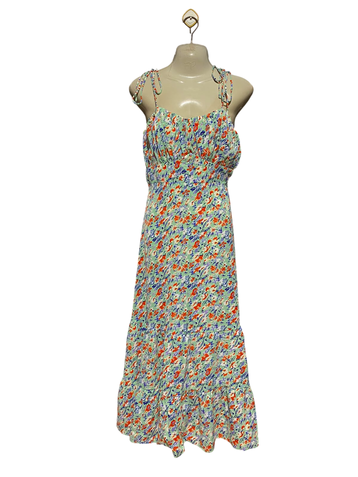 ZINO |S| BUST 16| A9| VINTAGE IKAT PRINT TIERED BOHO MAXI DRESS - EMERALD GREEN & IVORY