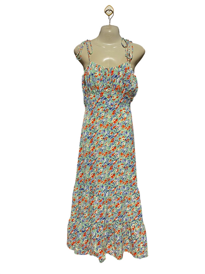 ZINO |S| BUST 16| A9| VINTAGE IKAT PRINT TIERED BOHO MAXI DRESS - EMERALD GREEN & IVORY