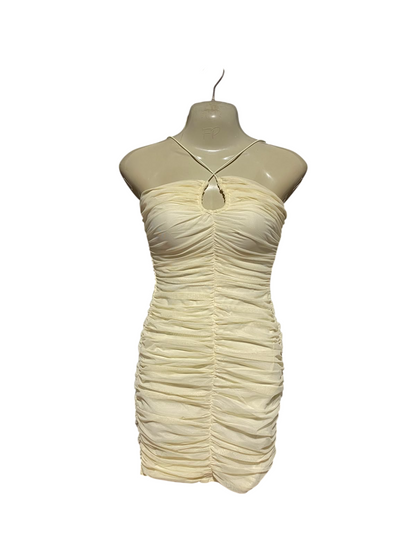 OH POLLY |S| BUST 15| A9| RUCHED MESH HALTER KEYHOLE BODYCON MINI DRESS - BUTTER YELLOW / CREAM