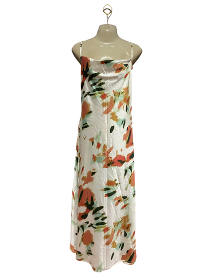 SHEIN |S| BUST 15| A9| ABSTRACT WATERCOLOR PRINT SATIN COWL-NECK SLIP MAXI DRESS - IVORY MULTI