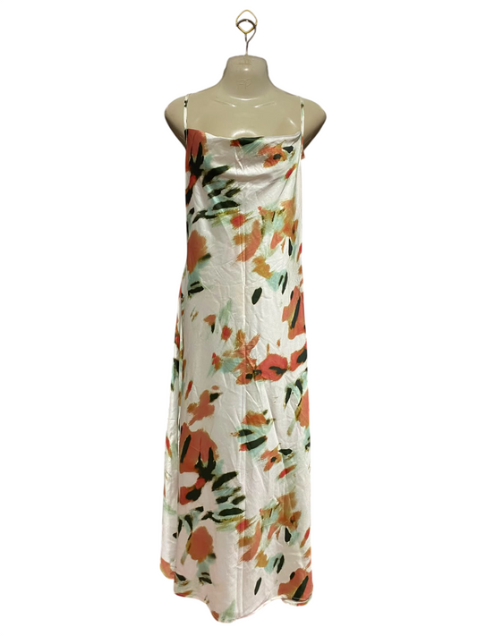 SHEIN |S| BUST 15| A9| ABSTRACT WATERCOLOR PRINT SATIN COWL-NECK SLIP MAXI DRESS - IVORY MULTI