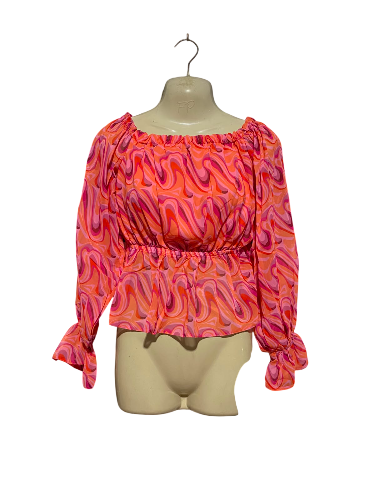SELECT |S| BUST 15| A9| RETRO ABSTRACT SWIRL OFF-THE-SHOULDER PEPLUM TOP - PINK & CORAL MULTI