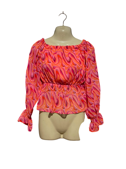 SELECT |S| BUST 15| A9| RETRO ABSTRACT SWIRL OFF-THE-SHOULDER PEPLUM TOP - PINK & CORAL MULTI