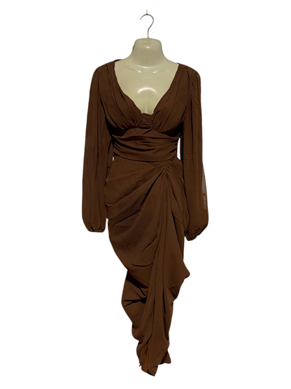 PRETTYLILLTE THING |S| BUST 15| A9| RUCHED LONG-SLEEVE DRAPED MAXI DRESS - CHOCOLATE BROWN